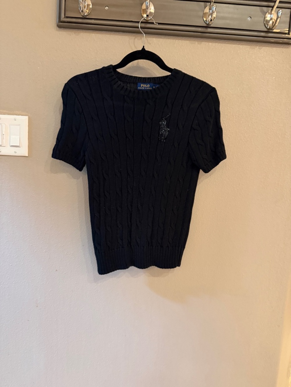 Polo by Ralph Lauren Black Cable Knit Short-Sleeve Crewneck Sweater